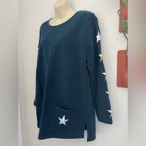 Sport Savvy Navy Cotton Tunic Pullover Star Sleeves Star Pocket 1X